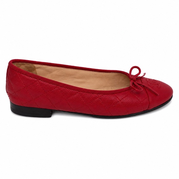 CHANEL Shoes - CHANEL CC Red Quilted Leather Ballet Flat with Bow